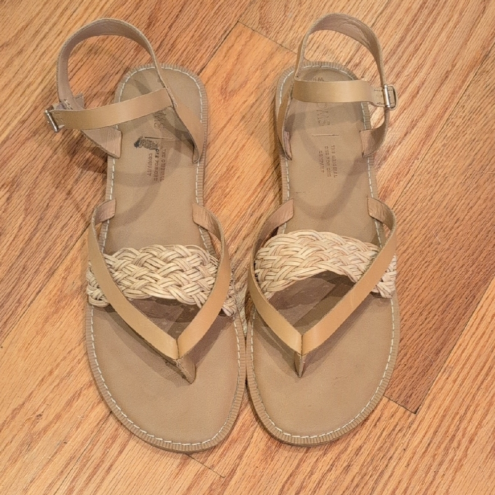 Toms Tan Sandals with Woven Straps and Ankle Buckle